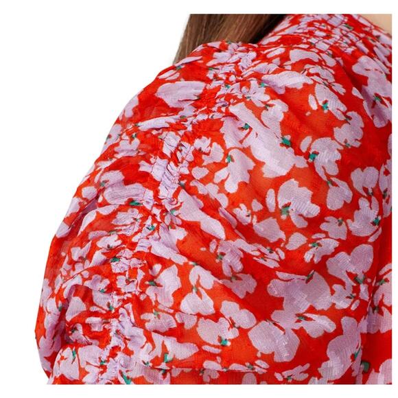 Tanya Taylor Red Floral Mini Wrap Dress Size 4 Silk Chiffon Ruched Designer $500 - Picture 5 of 13